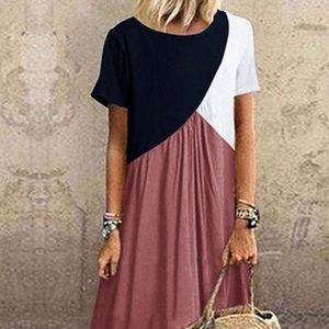 Casual Loose Round Neck Color Block Maxi Dresses